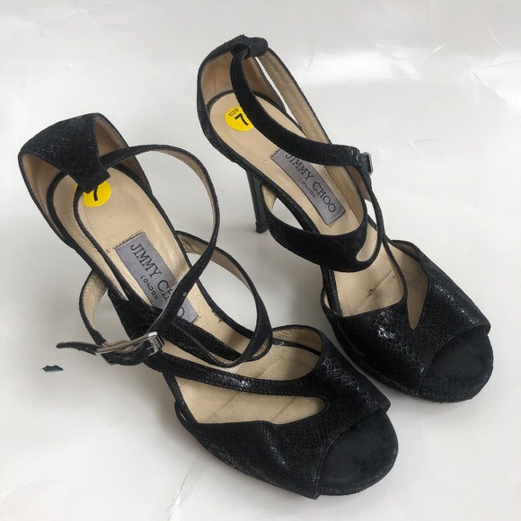 Jimmy Choo Shoes - Jimmy Choo Ankle Strap Snake Print Black Heels 7
